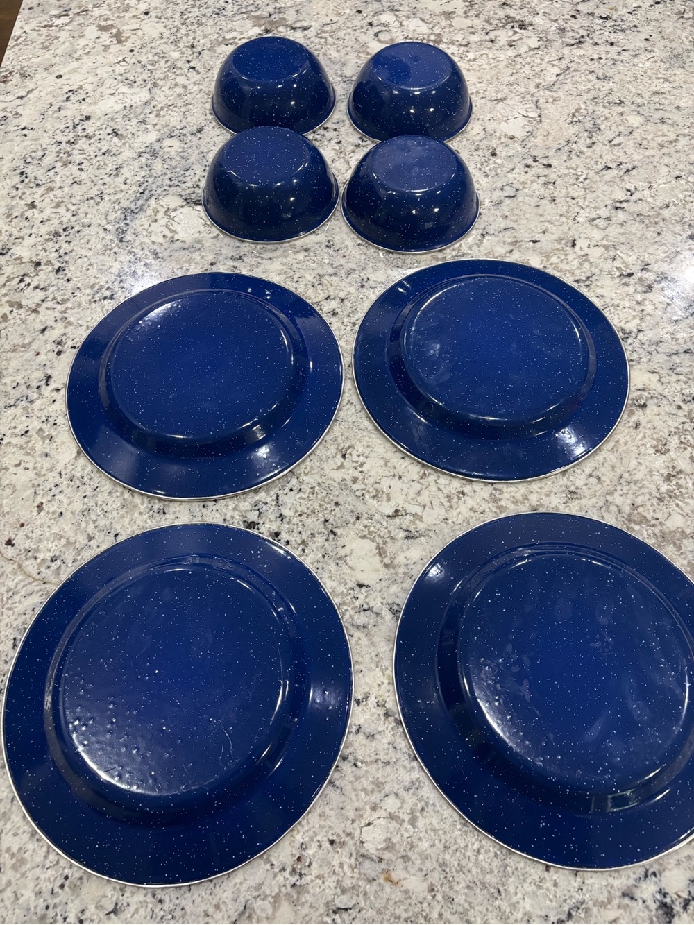 Blue Enamel Speckled Camping Dish Set Vintage Farmhouse Decor - Picture 2 of 16